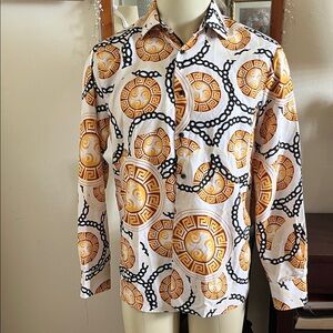 Men's Designer Patterned Shirt by Silver Stone White Gold Aztec Pattern Size XL